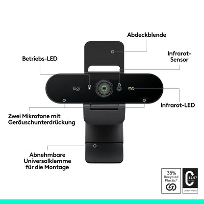 Logitech Brio 4K Webcam, video calls, noise-canceling microphone, automatic HD exposure correction, Microsoft Teams, Zoom, Google Voice, Google Meet, PC/Mac/Notebook/Macbook - Graphite