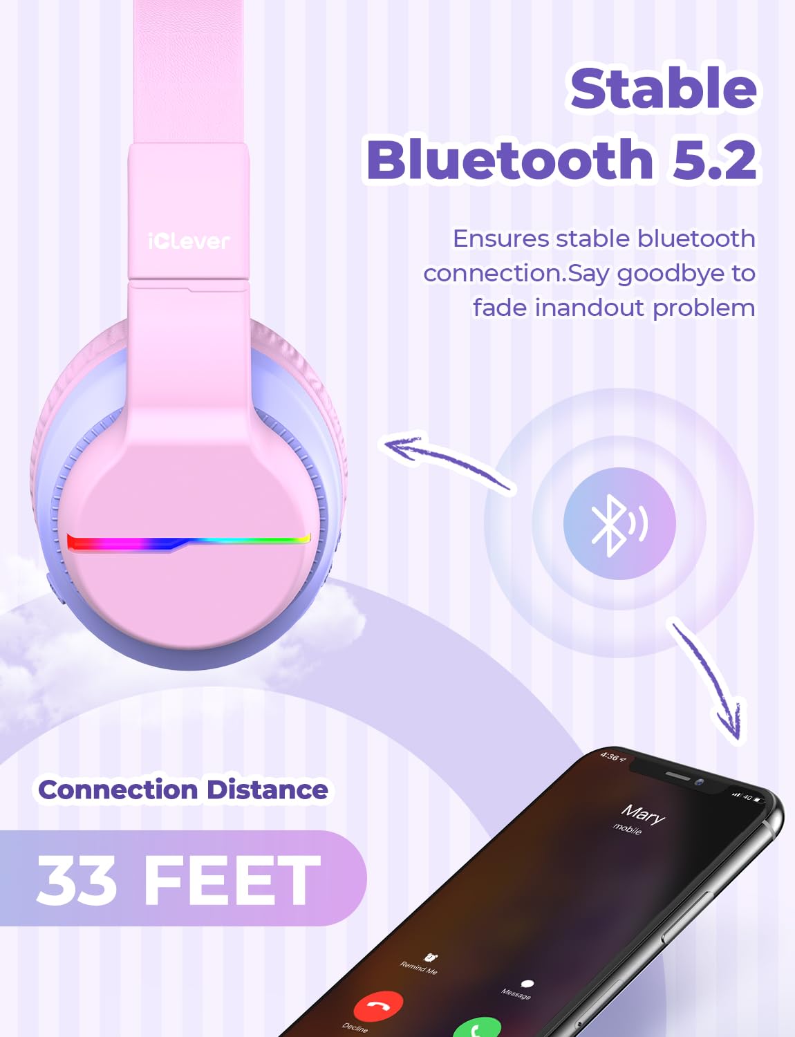 iClever Bluetooth Kids Headphones, Colored LED Lights, Over-Ear Kids Headphones with 74/85dBA Volume Limiting, 85 Hours Playtime, Bluetooth 5.2, Built-in Microphone BTH12