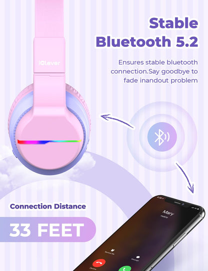 iClever Bluetooth Kids Headphones, Colored LED Lights, Over-Ear Kids Headphones with 74/85dBA Volume Limiting, 85 Hours Playtime, Bluetooth 5.2, Built-in Microphone BTH12