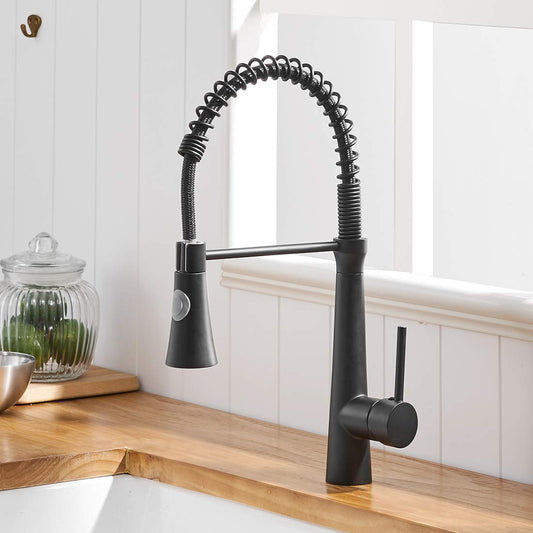TIMACO black kitchen faucet, high pressure kitchen faucet with pull-out sprayer, sink faucet 360° rotatable mixer tap spiral spring faucet, kitchen faucet with two spray functions, made of copper.