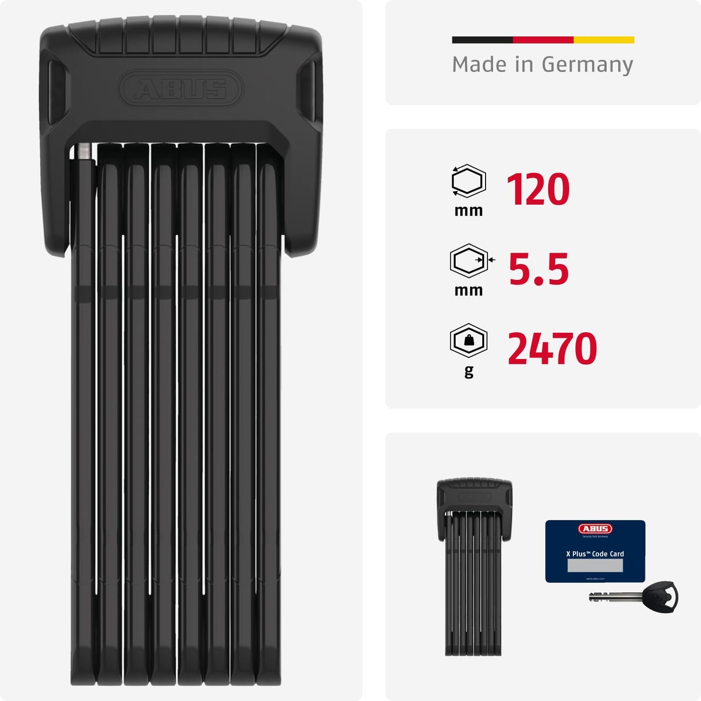 ABUS folding lock Bordo Granit 6500K with SH lock holder - bike lock with XPlus cylinder for high manipulation protection - ABUS security level 15 - length 120 cm, black.
