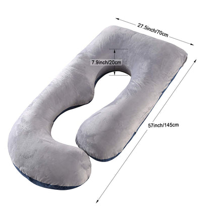 ShowyLive Pregnancy Pillow 145x70cm J-shaped Full Body Pillow Maternity Body Pillow for Sleeping with Removable and Washable Cover Sleep and Feed (gray+blue, Velvet)
