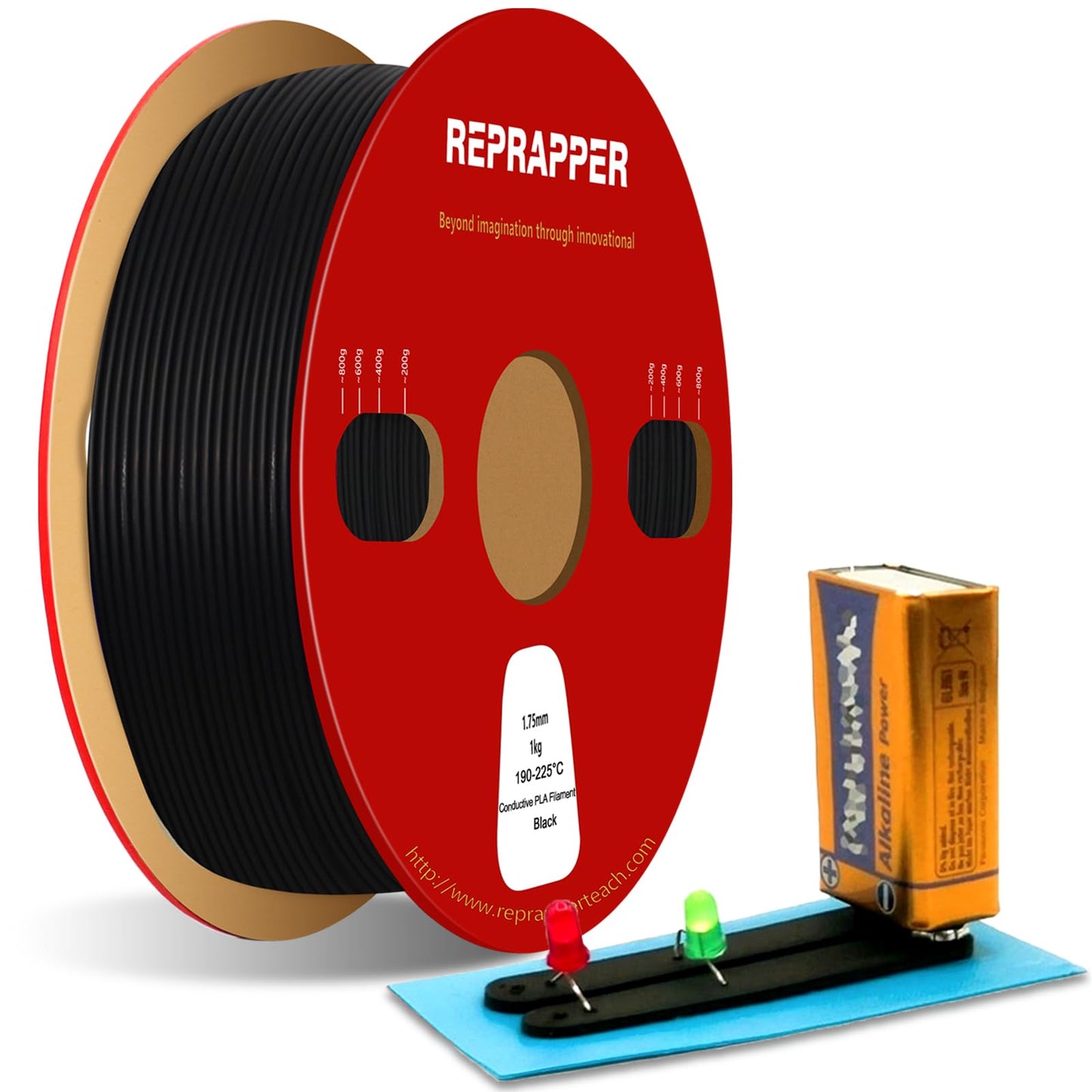 RepRapper Electrically Conductive PLA 3D Printer Filament 1.75mm 1kg Spool. +/- 0.03mm accuracy. Compatible with most FDM printers. Black PLA filament.