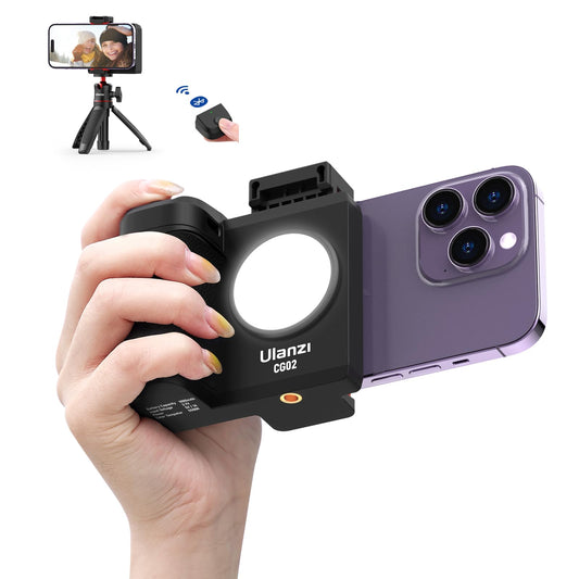 ULANZI CG02 Smartphone Handle Grip, phone cap grip with fill light, 3 levels adjustable, smartphone grip with remote control, cold shoe, fill light for selfies, TIKTOK, VLOG, handle grip for iPhone, Android