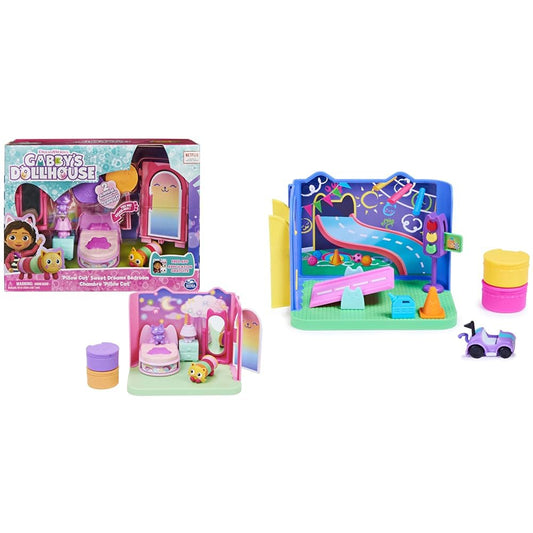 Gabby's Dollhouse Deluxe Room, Sweet Dreams, bedroom with cuddly cat & Deluxe Room, Purr-ific Play Room, playroom with Carlita toy car