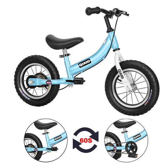 Qiani 2-in-1 balance bike for kids aged 2-7, with brakes, training wheels, pedals, air tires, and kickstand. Available in blue, 12-inch size.