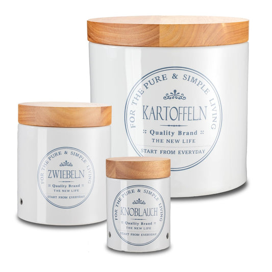 KHG Set of storage containers for potatoes, onions, and garlic, made of ceramic stoneware with white wooden lids, round storage containers labeled for potatoes, onions, and garlic.