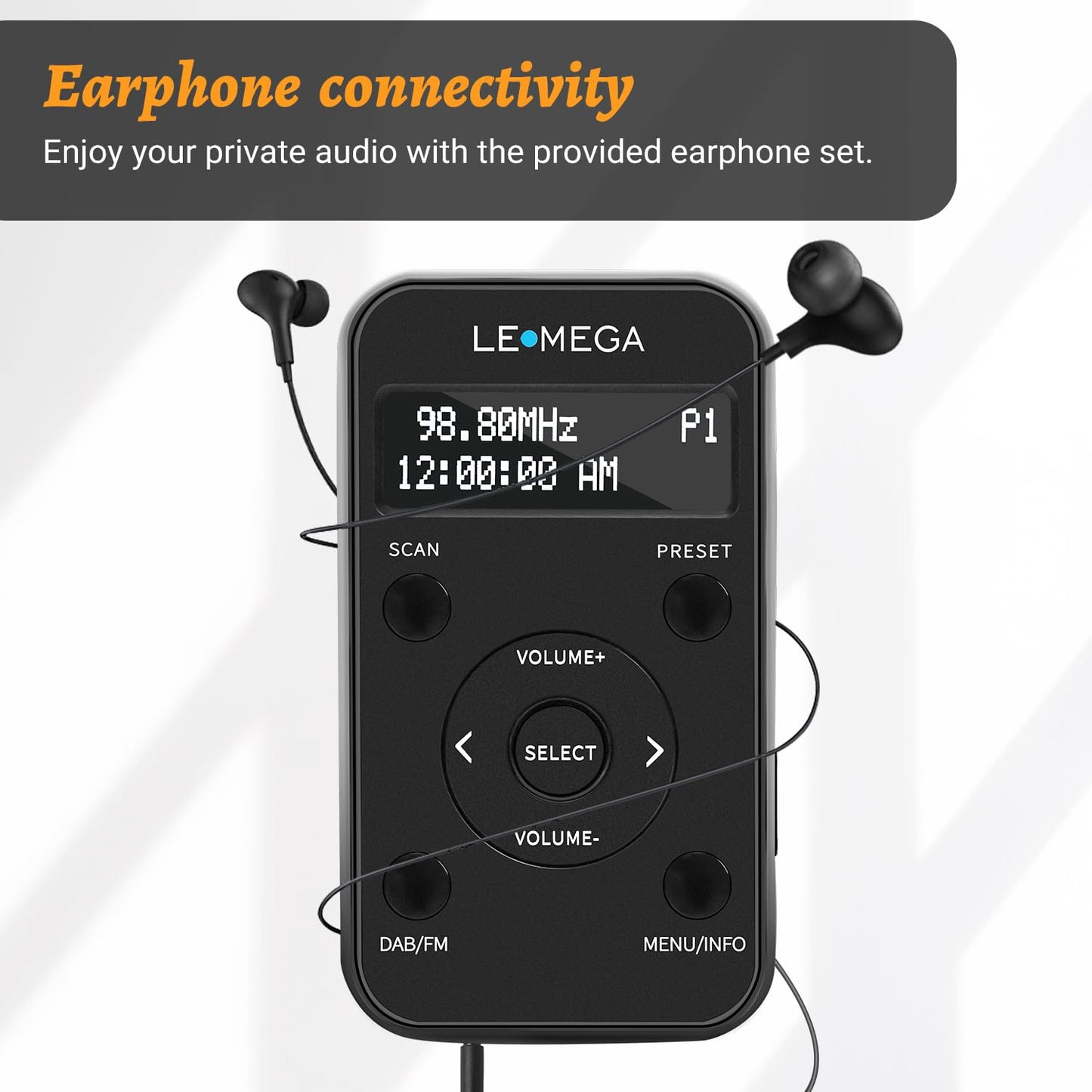 LEMEGA PR1L portable DAB/FM radio with rechargeable battery, 20 preset stations, LCD display, and headphones included. Sporty design with lockable switch, black color.