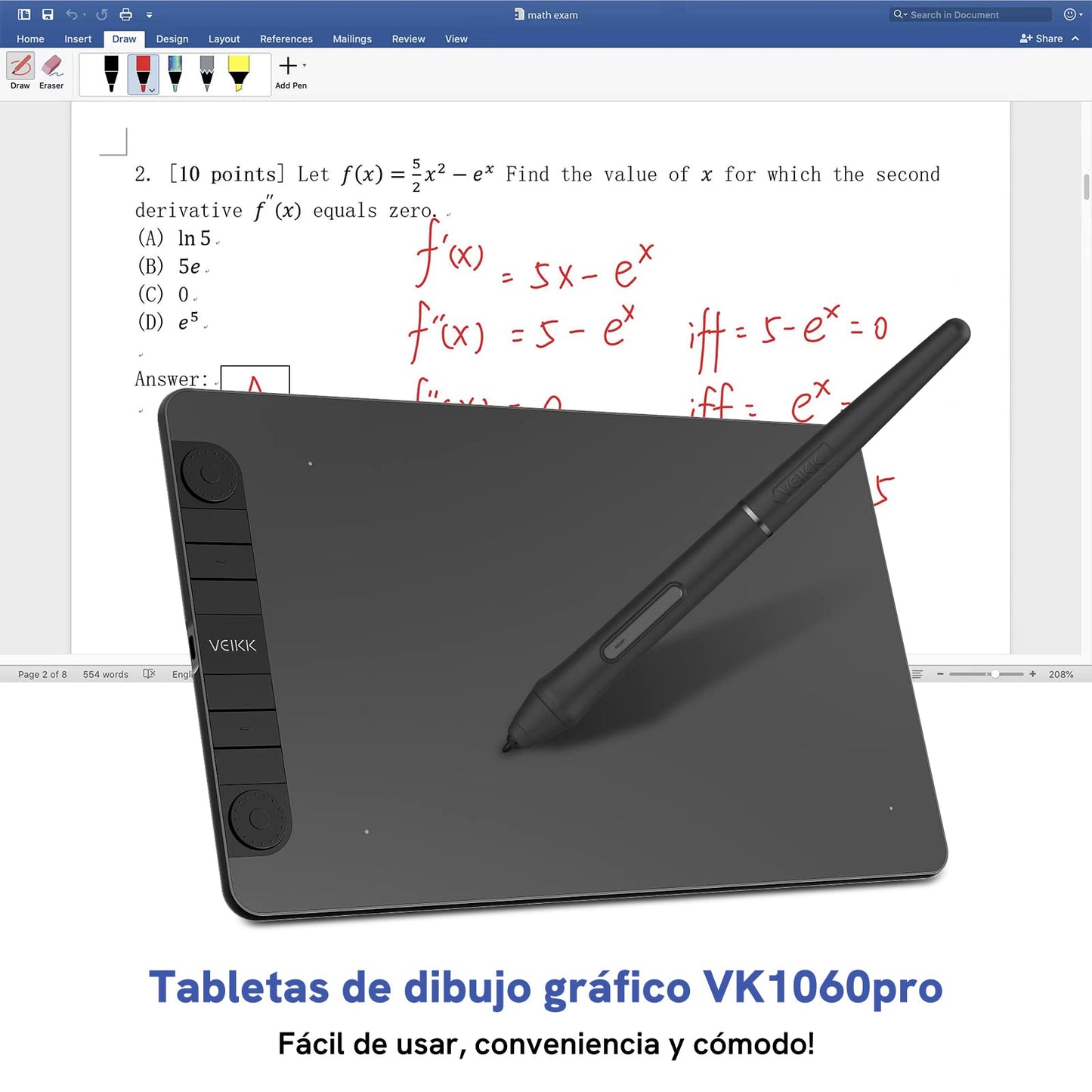 VEIKK VK1060PRO graphics tablet, 10x6 inch drawing tablet with 8 shortcut keys. Features double wheel design, 8192 levels of pressure sensitivity, battery-free pen. Compatible with Windows/Mac OS/Android/Linux.