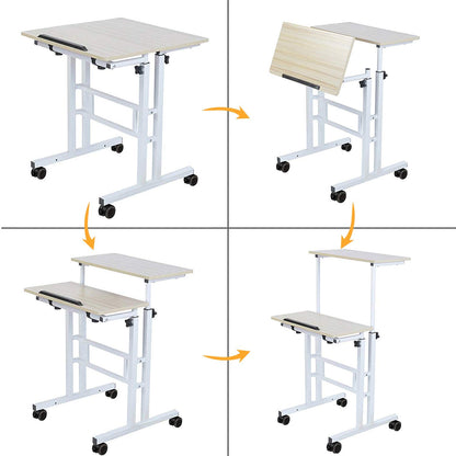 Sogesfurniture adjustable height computer desk laptop table with wheels, mobile desk PC table notebook table laptop stand for home and office, oak