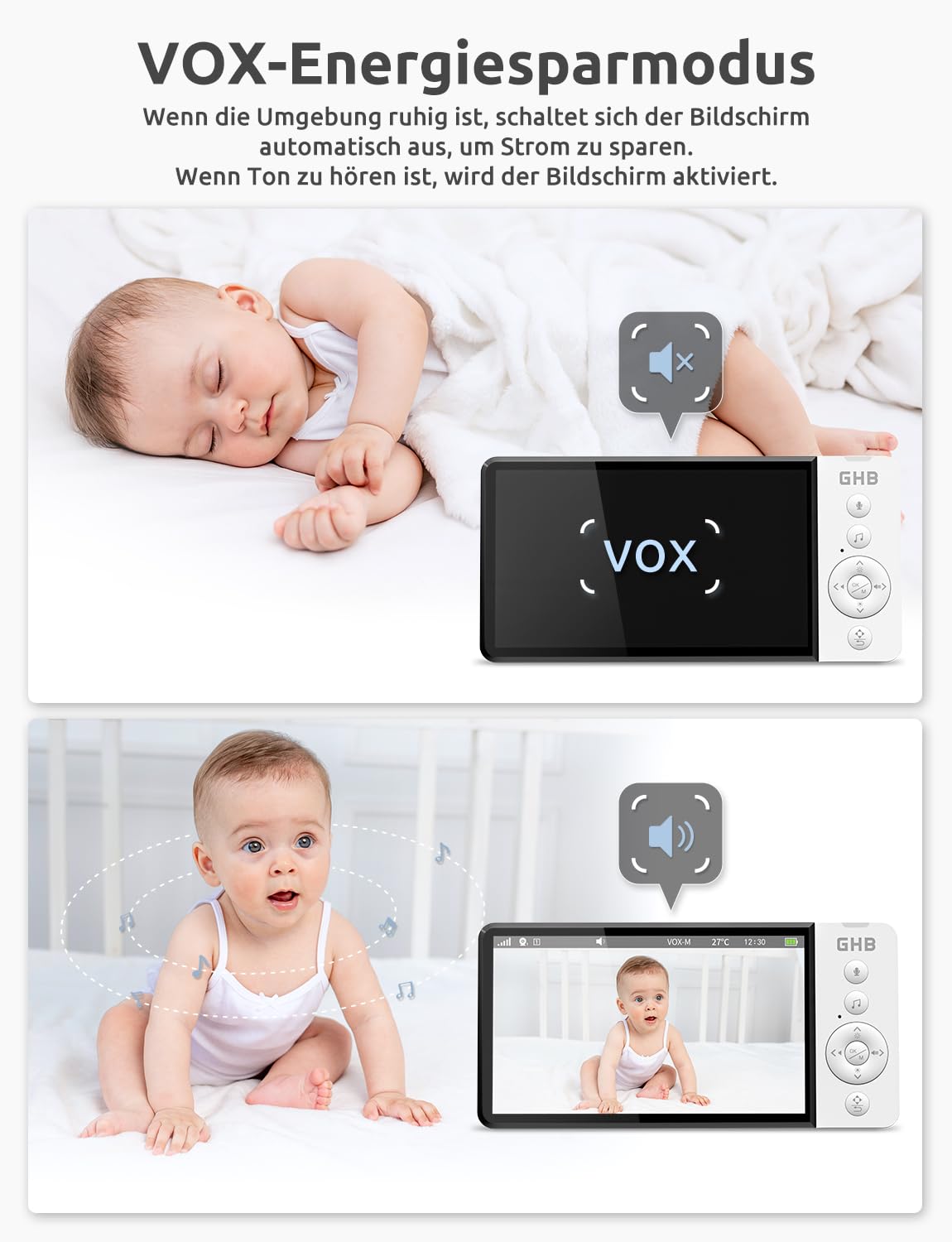 GHB baby monitor with camera 5 inch 350° rotation 5000mAh night vision VOX mode digital zoom two-way talk temperature display 720p ABM720