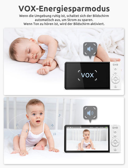 GHB baby monitor with camera 5 inch 350° rotation 5000mAh night vision VOX mode digital zoom two-way talk temperature display 720p ABM720