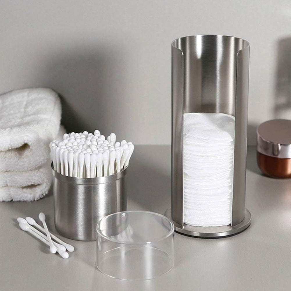HERCHR 2-in-1 stainless steel cotton swab holder, makeup cotton pads dispenser, organizer, qtip holder, dispenser with acrylic lid for bathroom vanity, 18.5 x 7.3 cm