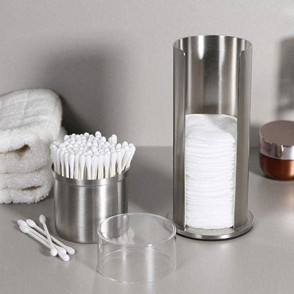 HERCHR 2-in-1 stainless steel cotton swab holder, makeup cotton pads dispenser, organizer, qtip holder, dispenser with acrylic lid for bathroom vanity, 18.5 x 7.3 cm