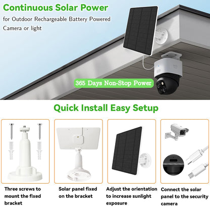 Eufy Security Solar Panel (5W) is compatible with EufyCam. It has a 5V solar panel with a USB-C connector, a micro USB adapter, and is IP65 weatherproof for outdoor surveillance and camera charging.