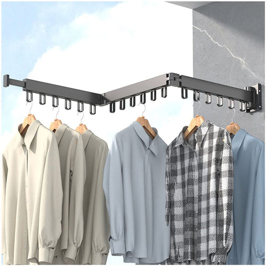Wall-mounted clothes rack, retractable garment rack with hooks, 360° swivel, triple foldable, clothes rack for balcony, laundry, bathroom (black)
