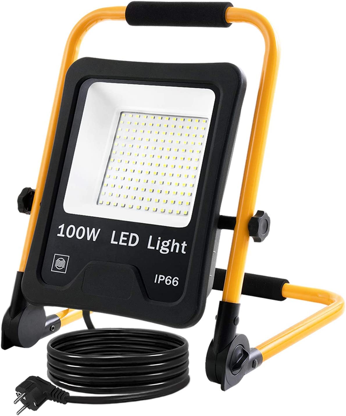 UISEBRT LED construction spotlight 100W cool white including stand and power cord - LED floodlight work light waterproof IP66 for indoor and outdoor use - garage, garden, sports field, construction site