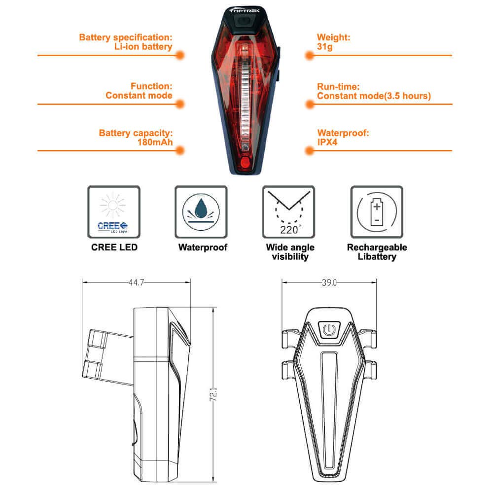 Toptrek Rear Bike Light CREE LED Bicycle Light Taillights USB Rechargeable Battery Waterproof IPX4 for Road Bike MTB (Black)