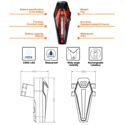 Toptrek Rear Bike Light CREE LED Bicycle Light Taillights USB Rechargeable Battery Waterproof IPX4 for Road Bike MTB (Black)