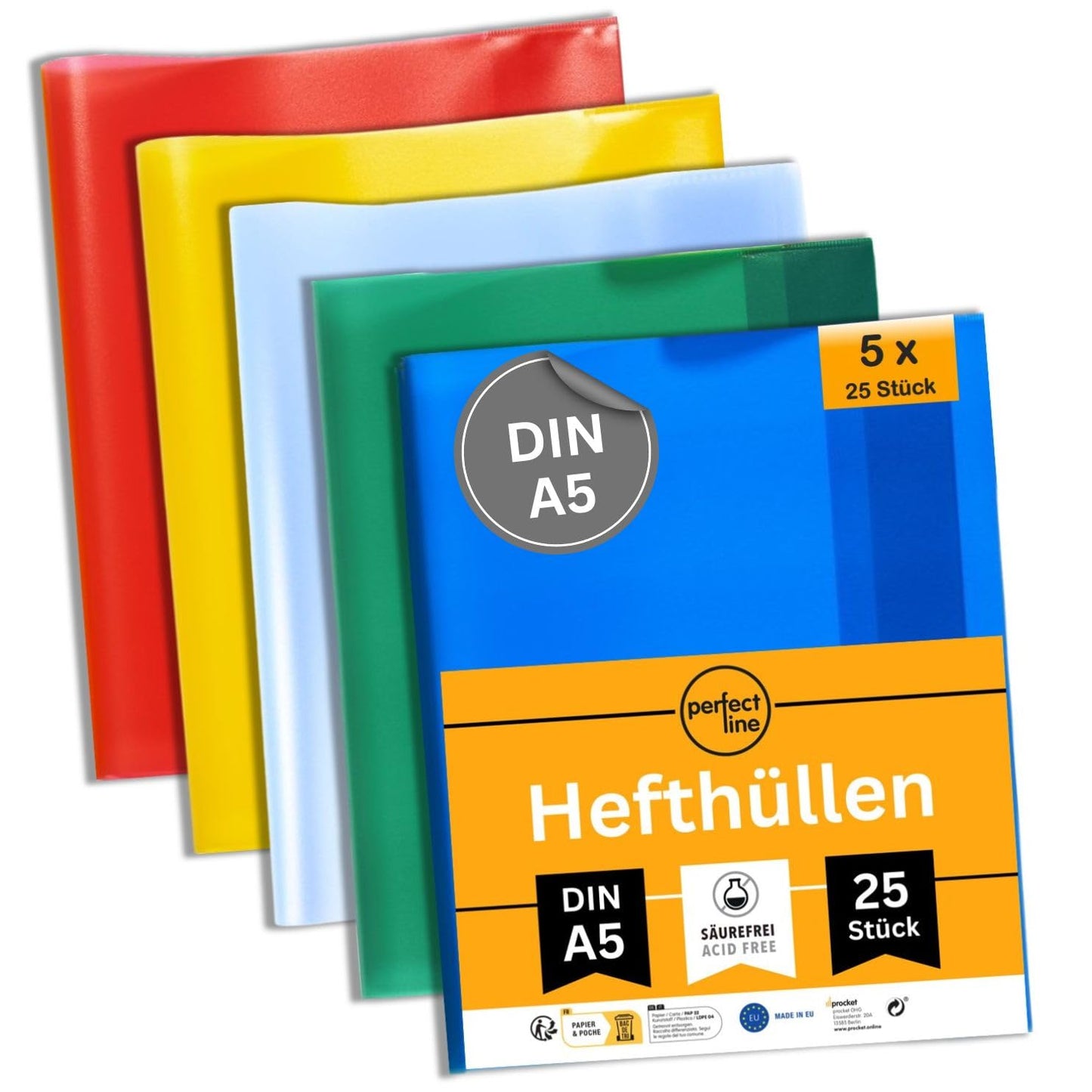 perfect line - 125 notebook covers A5, 5 colors - notebook cover transparent embossed - notebook protector made of recyclable PP, document-proof (5 sets (5 x 25 pcs.)