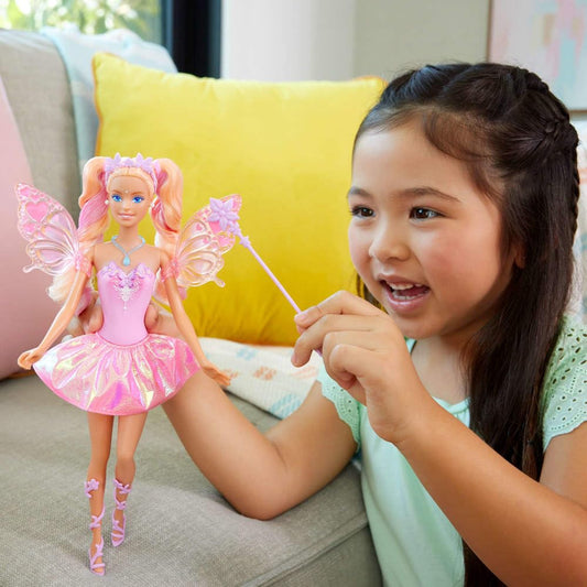 Mattel Barbie Fairy Doll with toy magic wand and fashion accessories, fantasy theme with color-changing wings and outfit, JCP76, [Multicolor]