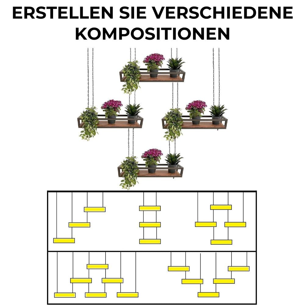 YELLOO - Plant Shelf Indoor Outdoor, Balcony Decor, Metal Flower Stand Hanging Shelf with Chains for Garden, Ideal for Outdoor Planters (FLOWERS 115 cm, Brown/Walnut)