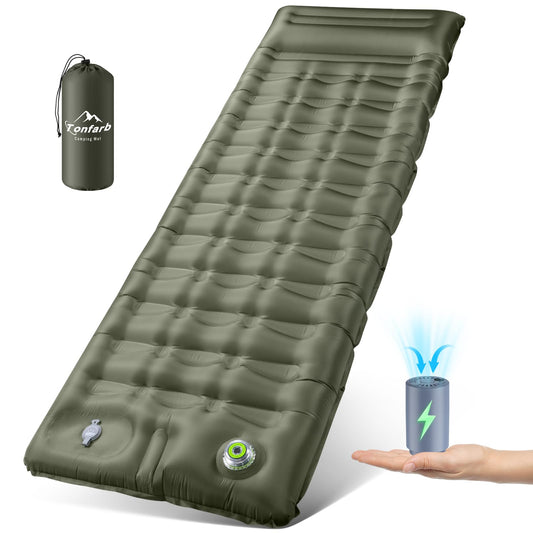Electric Self-Inflating Camping Mat, 12CM Thick Inflatable Mattress with Pillow, Compact Size Waterproof Air Mattress for Outdoor, Anti-Ripstop Sleeping Pad for Hiking and Beach