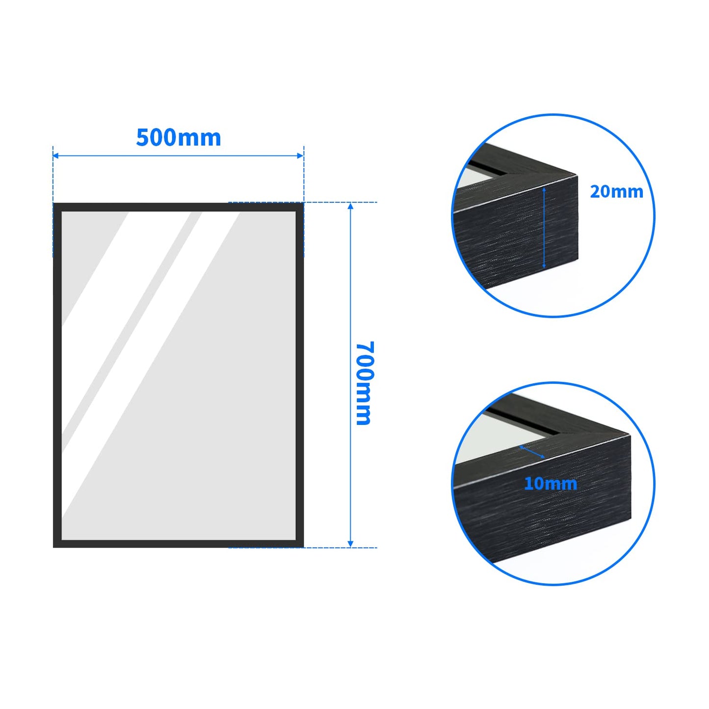 HY-RWML Wall mirror large Black 50x70 cm Mirror Rectangular stainless steel cosmetic mirror and shatter protection for bathroom washrooms bedrooms horizontal and vertical installation
