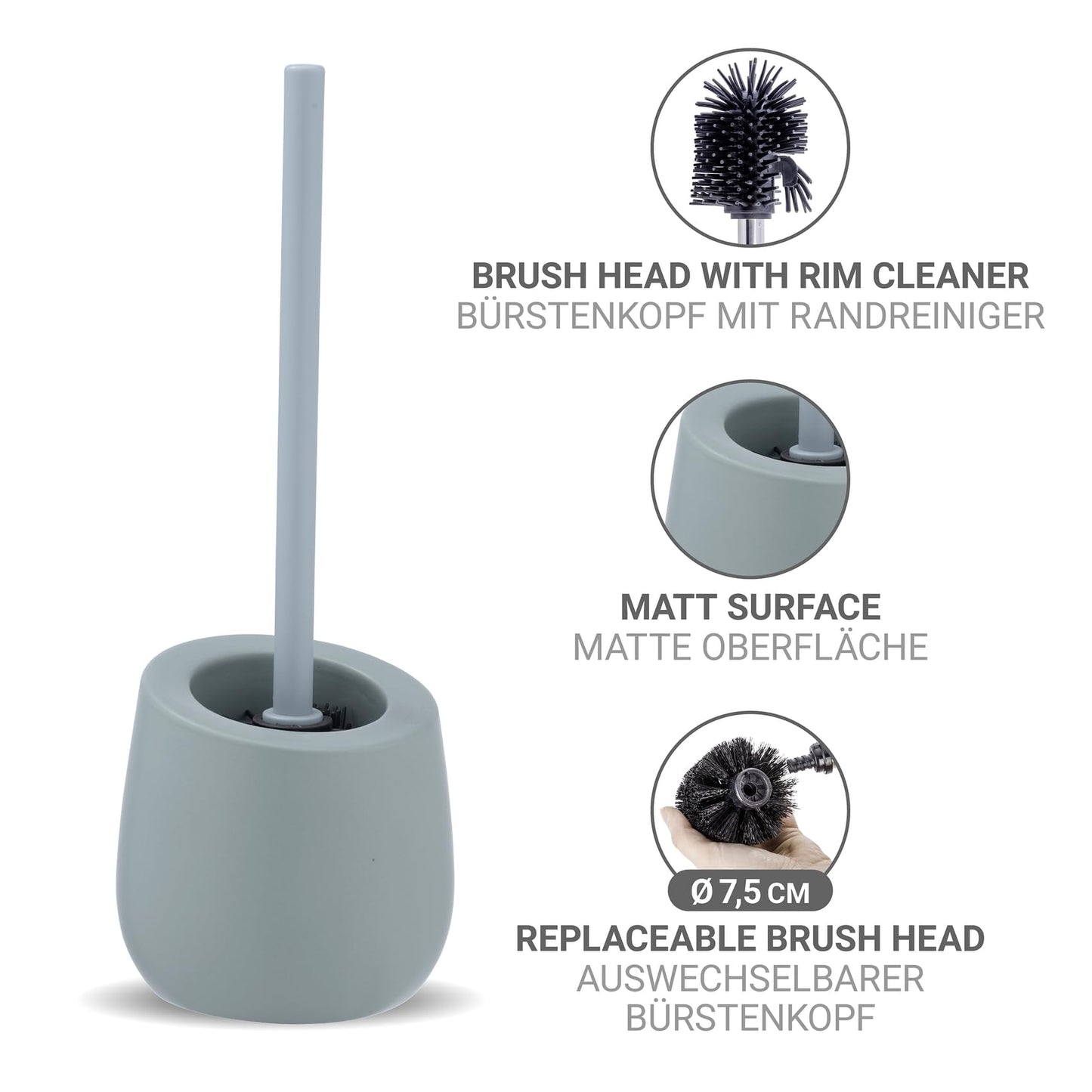 WENKO toilet brush set Mod. Badi, high-quality ceramic bathroom accessory with matte surface, includes toilet brush with Ø 7.5 cm black silicone brush head with non-stick effect, Ø 13.5 x 38 cm, blue-gray.