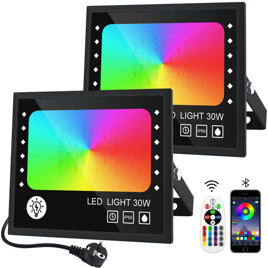 CREATESTAR RGB floodlight 30W, RGB LED floodlight with 16 million colors 28 modes color change dimmable, remote control and APP control RGB floodlight IP66 waterproof outdoor spotlight for garden party tree