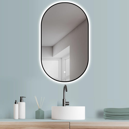 HOKO Design LED light mirror oval 50x90 cm / 90x50 cm Palermo with black metal frame. Mountable vertically or horizontally. LED illuminated bathroom wall mirror, touch switch + light change warm white - cool white - neutral.