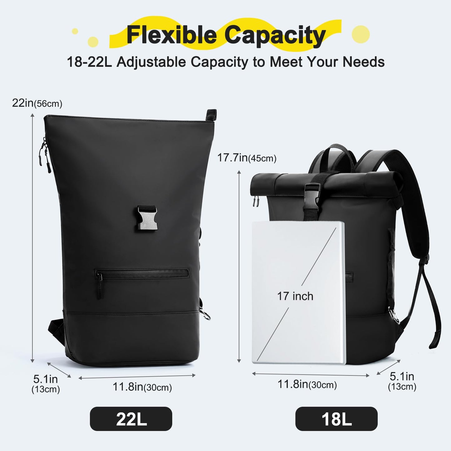 Travel Reisa Rolltop Backpack Men Women Waterproof Large Laptop Backpack Travel Backpack with Multifunctional Climbing Buckle for Travel, Work, College School (Black-1) (Black, L)