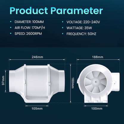 HG Power duct fan 100mm, exhaust fan 230V quiet channel fan energy saving bathroom fan with EU plug for kitchens bathrooms garage