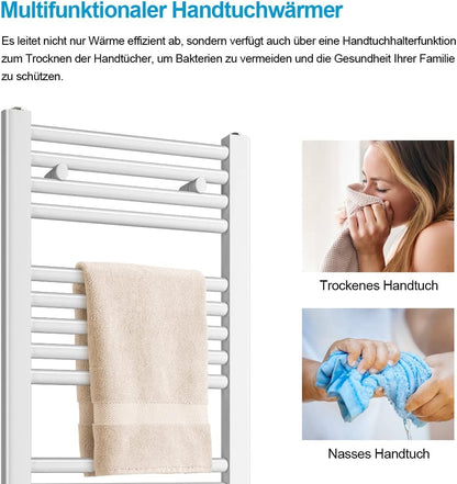 Heilmetz electric towel warmer 70x50cm with digital thermostat and timer function. Straight white towel radiator 284W.