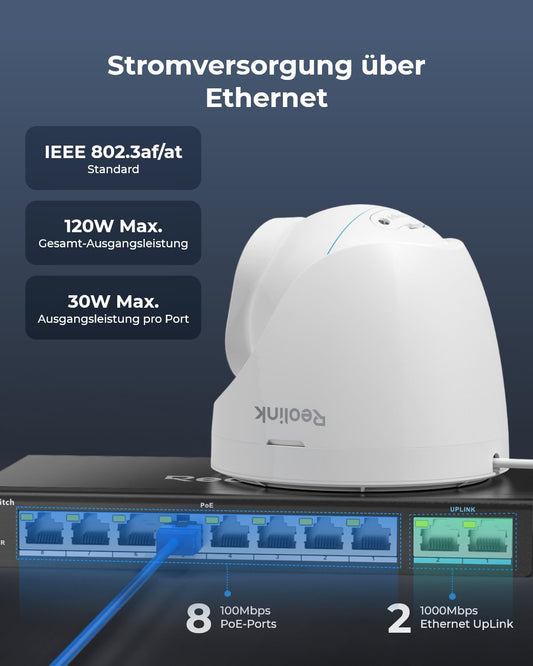 Reolink 8-port PoE switch with 2 gigabit uplink ports, up to 120W total power for all PoE ports, network switch ideal for NVR and PoE IP cameras, IEEE802.3af/at, unmanaged, RLA-PS1.