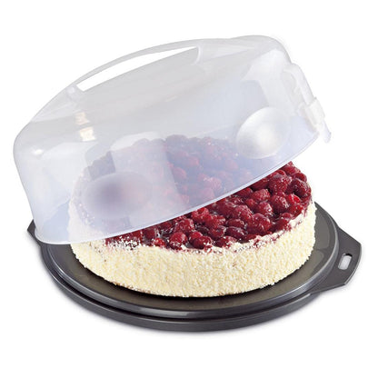Xavax Cake Transport Box round with lid Cake container 31.5 cm diameter, inner height 8 cm, Cake box with slice division aid, cake plate anthracite, Transparent