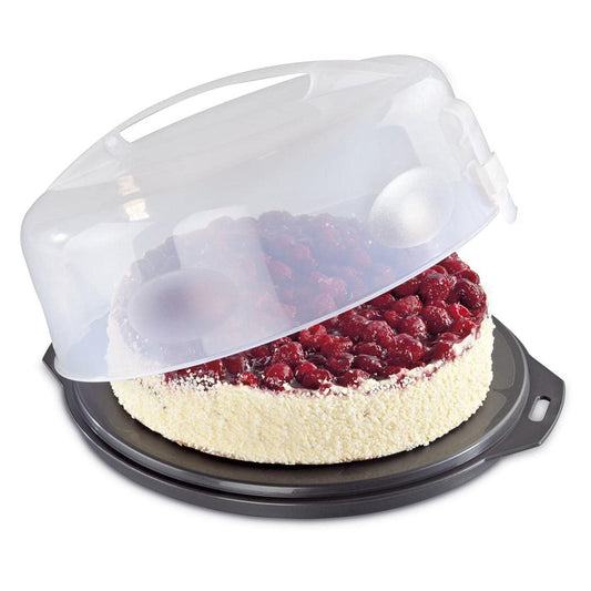 Xavax Cake Transport Box round with lid Cake container 31.5 cm diameter, inner height 8 cm, Cake box with slice division aid, cake plate anthracite, Transparent