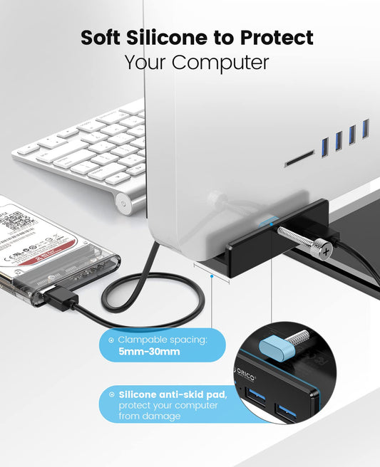 ORICO USB Hub Clip-Type, 4 Port USB 3.0 Hub 5 Gbps Super Speed Mini Aluminum Data Hub with 150cm Cable (A to A, Black) for Monitors, Desks (No Power Adapter) - Black