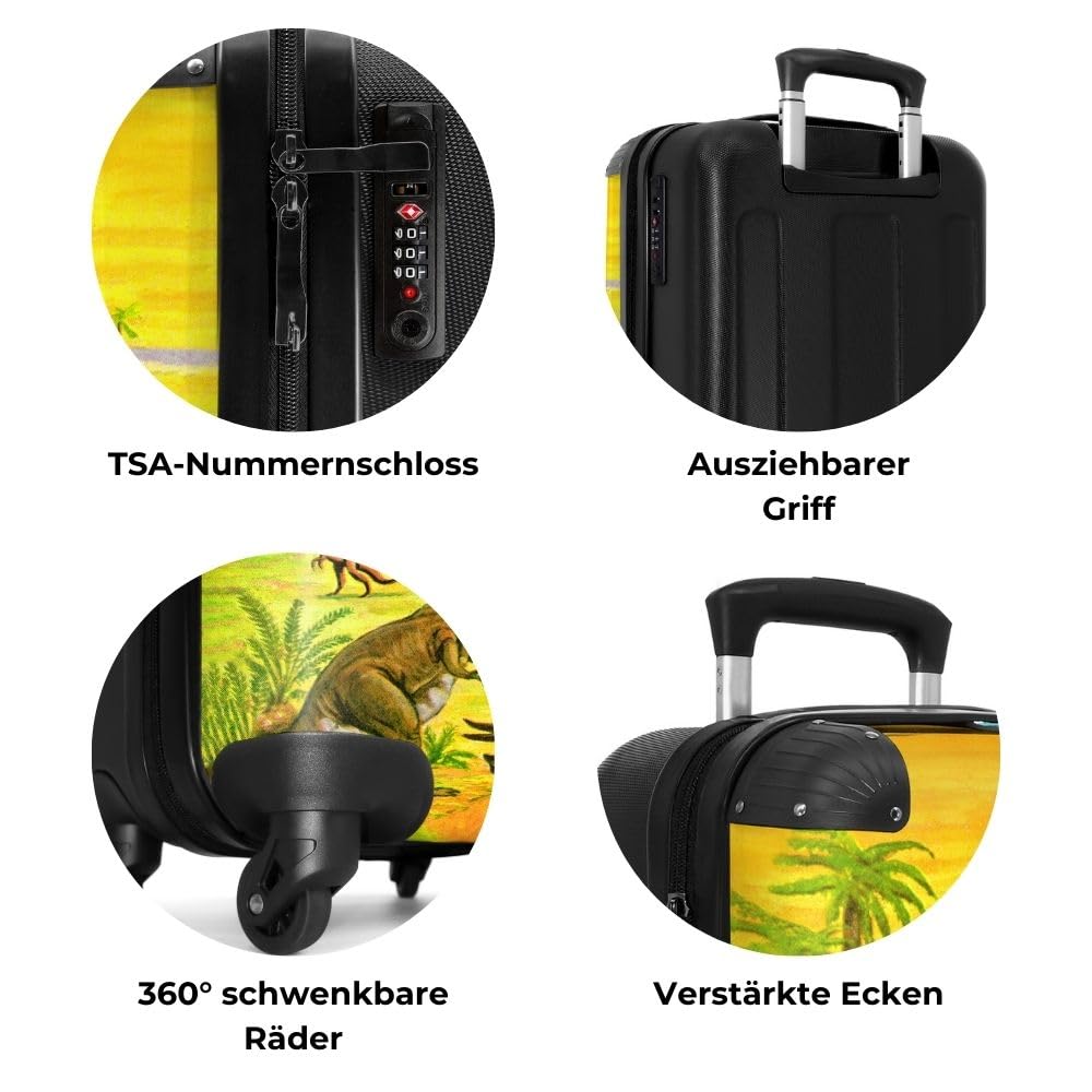 NoBoringSuitcases.com® Kids Suitcase Boys Trolley Carry on Luggage Gift - Dino - Illustration - Yellow - Boys Kids Luggage, 55x40x20
