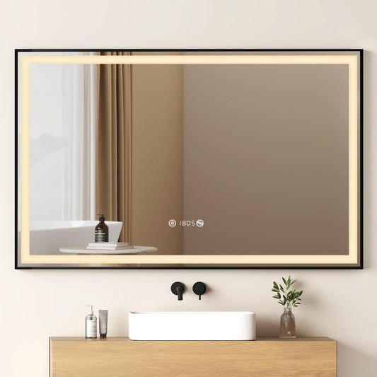 EMKE LED bathroom mirror 120x70cm, black with touch controls, dimmable, anti-fog, clock, memory function, and neutral light 4300K. Energy-saving wall mirror IP44.