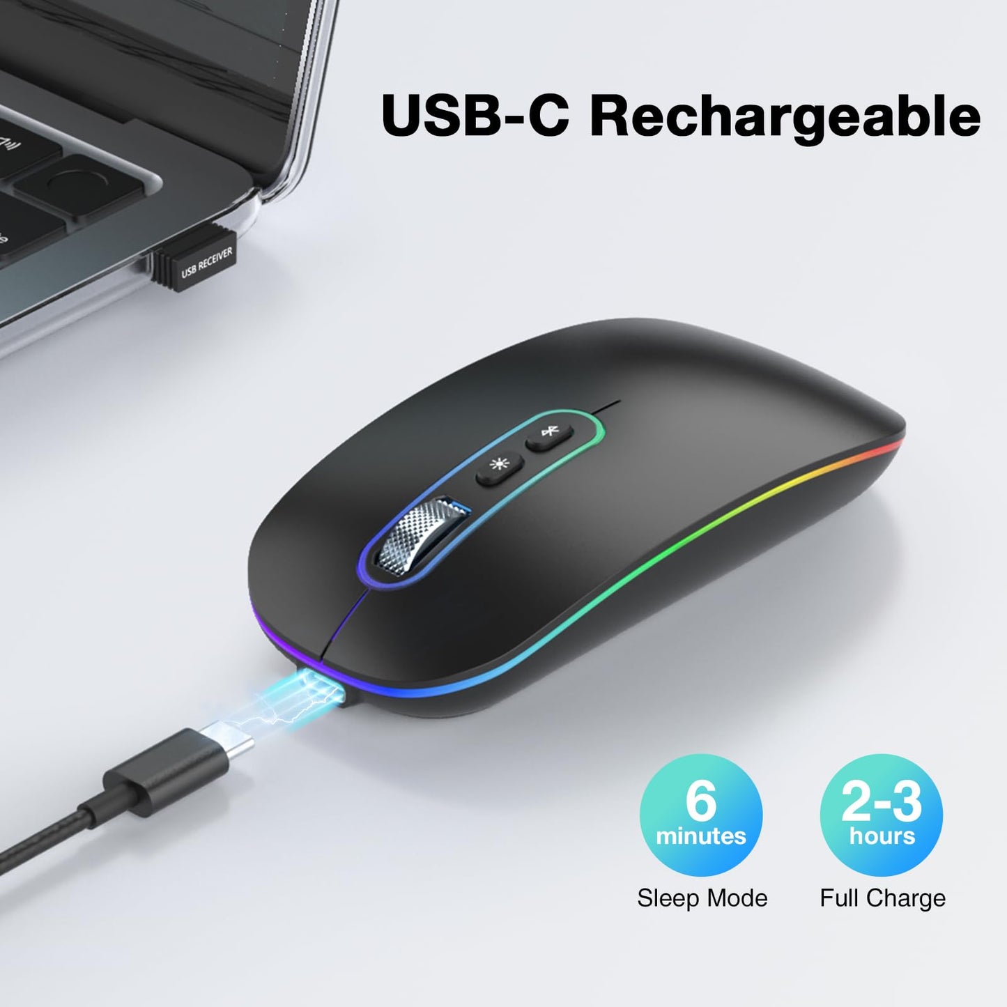 RaceGT Rechargeable Wireless Mouse Bluetooth 5.1 + USB 2.4GHz LED Mouse Wireless Ergonomic Quiet Click 3 Adjustable DPI Level with On/Off Switch, Portable Mouse for Laptop PC Notebook Computer