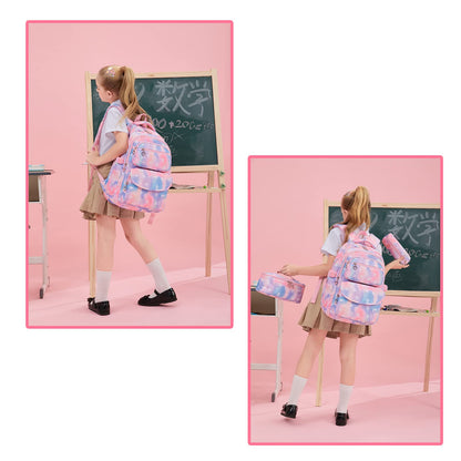 Tanou school backpack set for girls includes lunch bag and pencil case. Lightweight and breathable, suitable for 3rd to 9th grade girls. 22 liter capacity, perfect for travel. Color: pink.