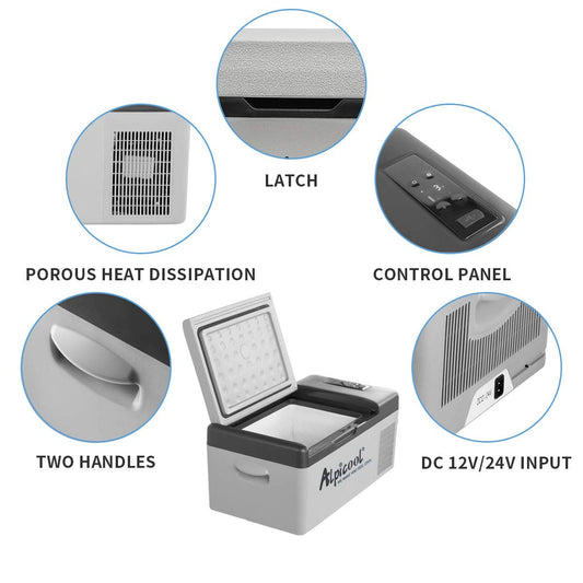 Alpicool C15 15L compressor cooler 12v mini fridge electric camping freezer small portable for car, truck, boat, RV with USB port, -20℃-20℃.