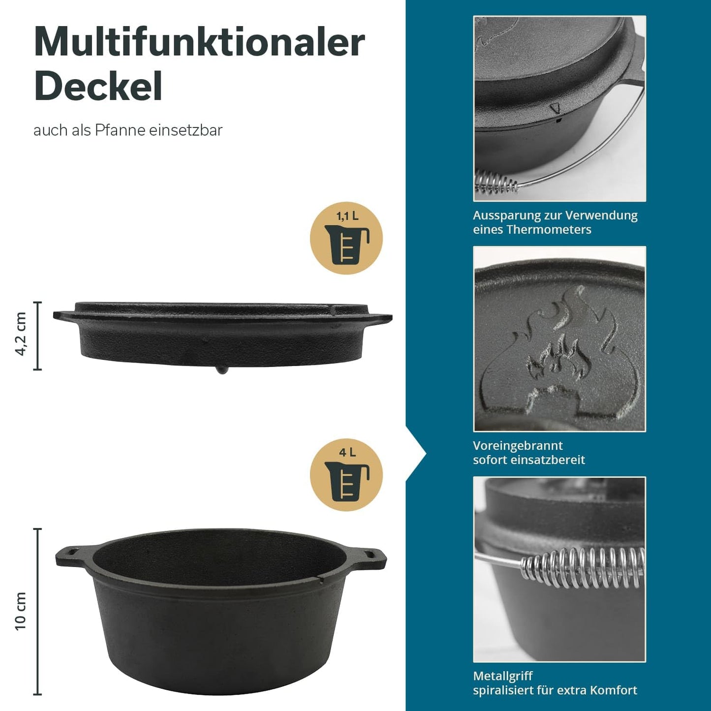 Skandika Dutch Oven Flame Master 5.1 L | Cast iron pot for cooking, includes recipe book by the Sauerländer BBCrew, pre-seasoned, without feet, lid lifter, carrying bag | Fire pot for grilling, camping