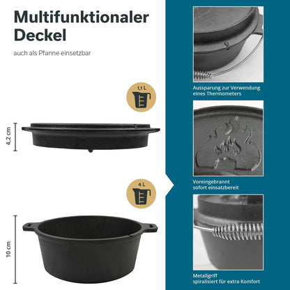 Skandika Dutch Oven Flame Master 5.1 L | Cast iron pot for cooking, includes recipe book by the Sauerländer BBCrew, pre-seasoned, without feet, lid lifter, carrying bag | Fire pot for grilling, camping
