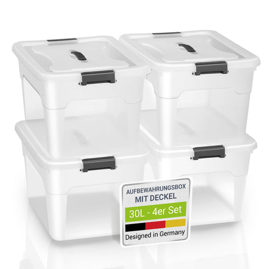 Juskys storage box with lid - 4-piece set plastic boxes 30l - large box, stackable, transparent - storage organization system storage boxes