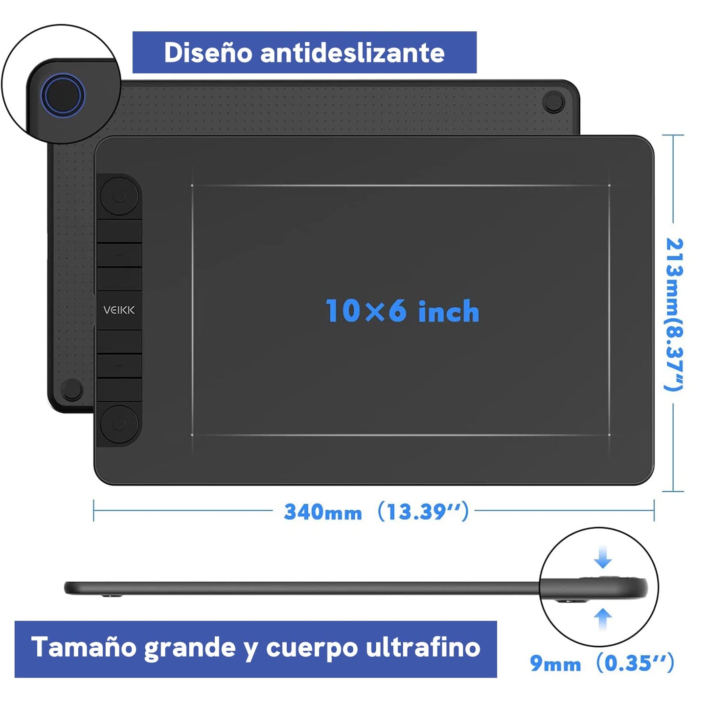 VEIKK VK1060PRO graphics tablet, 10x6 inch drawing tablet with 8 shortcut keys. Features double wheel design, 8192 levels of pressure sensitivity, battery-free pen. Compatible with Windows/Mac OS/Android/Linux.