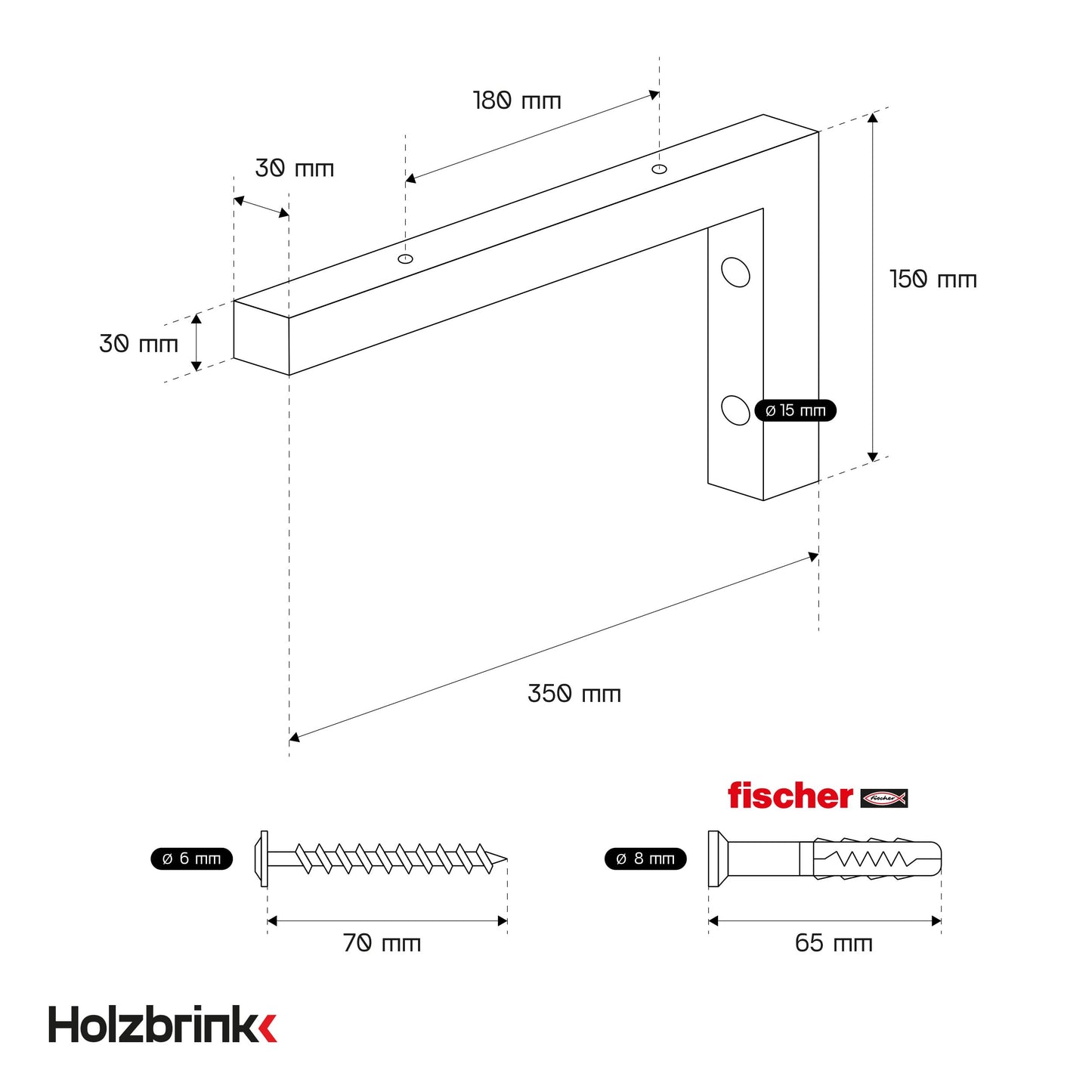 WOODBRINK 2X Wall bracket black for washbasin, design and stable washbasin holder or angle for wall shelf, sink base wall mount for washbasin top, 350x150 mm