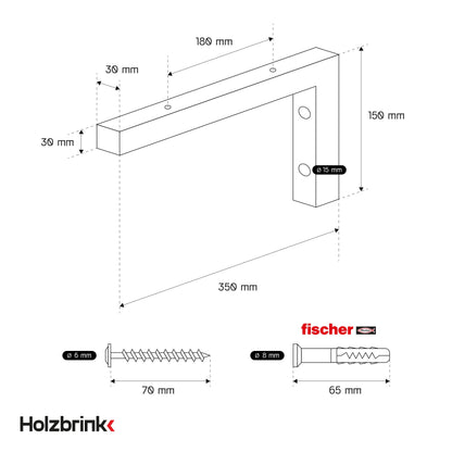 WOODBRINK 2X Wall bracket black for washbasin, design and stable washbasin holder or angle for wall shelf, sink base wall mount for washbasin top, 350x150 mm
