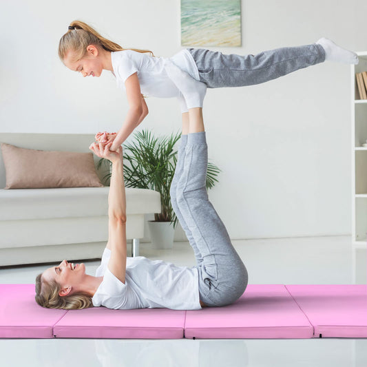 COSTWAY 240 x 120 x 5 cm soft floor mat, foldable gymnastics mat with Velcro closure and 2 carrying handles, gymnastics mat, foldable mat, fitness mat for gymnastics, yoga, home training (pink)